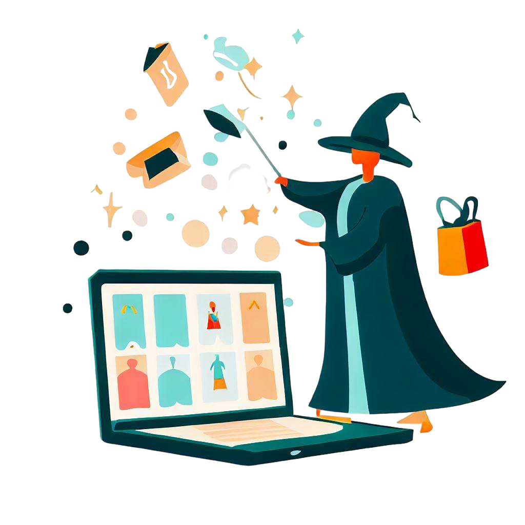 Illustration, a Mage pointing wand to a laptop popping and floating product images